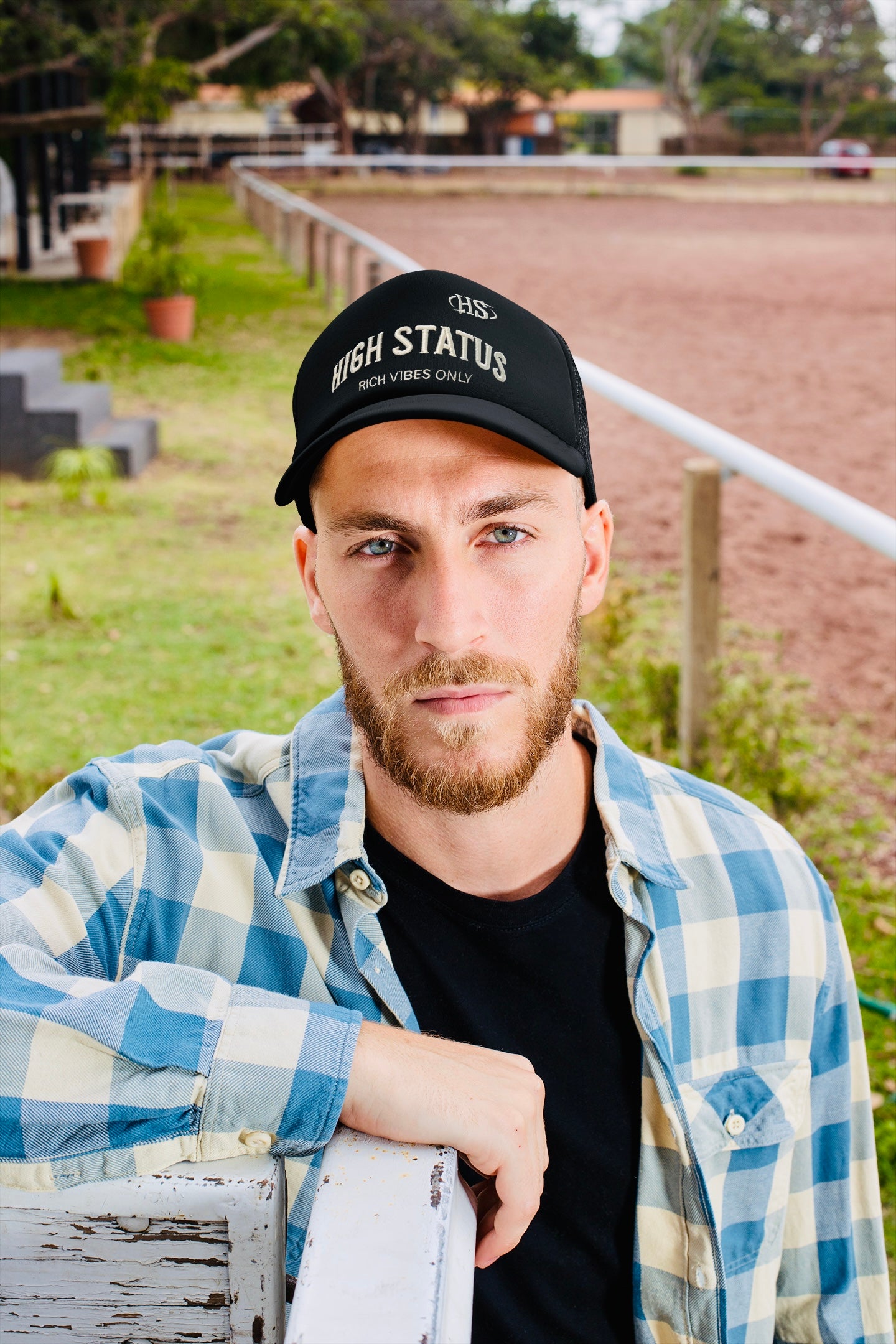 HIGH STATUS &quot;RICH VIBES ONLY&quot; EMBROIDERY TRUCKER HAT