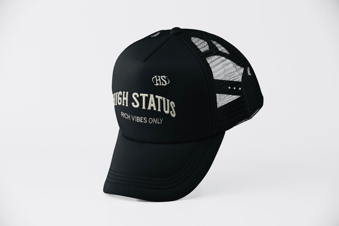 HIGH STATUS &quot;RICH VIBES ONLY&quot; EMBROIDERY TRUCKER HAT