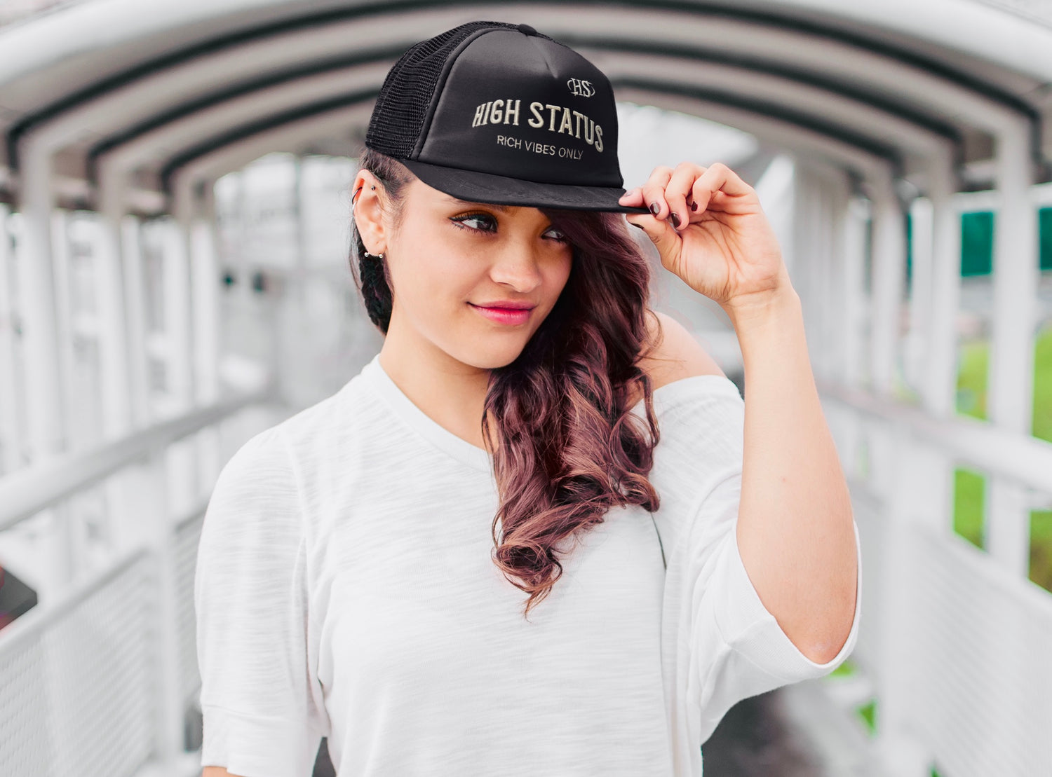 HIGH STATUS &quot;RICH VIBES ONLY&quot; EMBROIDERY TRUCKER HAT